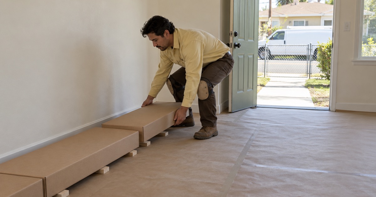 Worker lowering a carton of oak flooring onto a row of acclimating cartons inside a Hawthorne house.