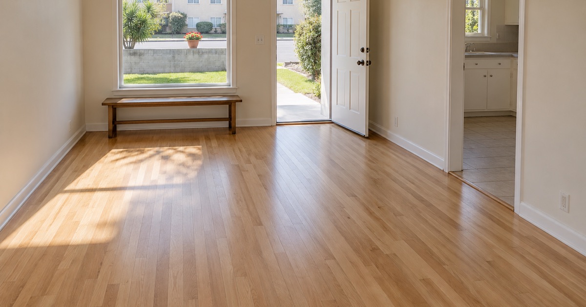 Refinished hardwood strip floor running to the front door of a Hawthorne duplex unit in afternoon light.