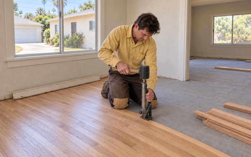 Worker striking a flooring nailer seated on the tongue of a new red oak strip in a Hawthorne dining room.