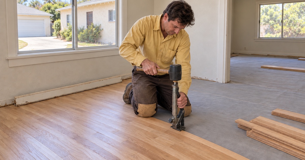 Worker striking a flooring nailer seated on the tongue of a new red oak strip in a Hawthorne dining room.