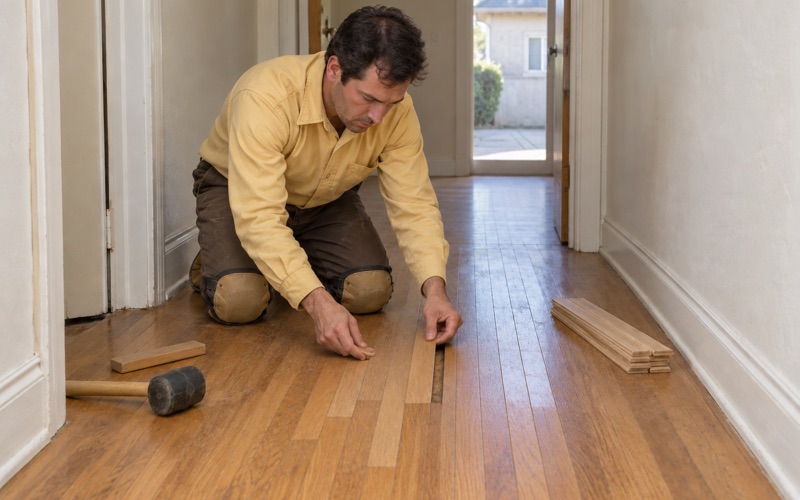 Worker angling a replacement strip into a staggered repair in the hardwood floor of a Hawthorne hallway.