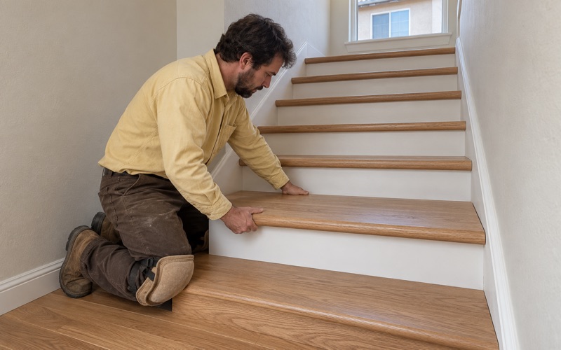 Worker pressing a new red oak retro tread with a bullnose edge onto a stair in a Hawthorne townhouse.