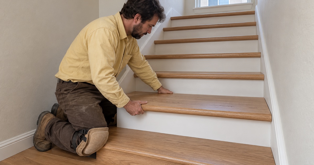 Worker pressing a new red oak retro tread with a bullnose edge onto a stair in a Hawthorne townhouse.