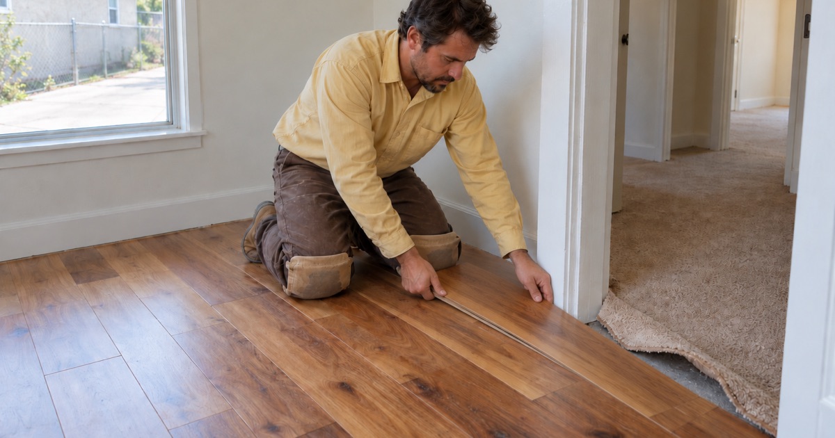 Worker tapping a new hickory plank into place where old carpet meets new hardwood at a Hawthorne bedroom doorway.