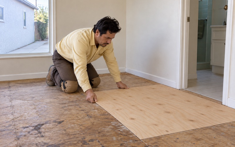 Worker sliding a new plywood subfloor sheet into place in the bathroom doorway area of a Hawthorne house.