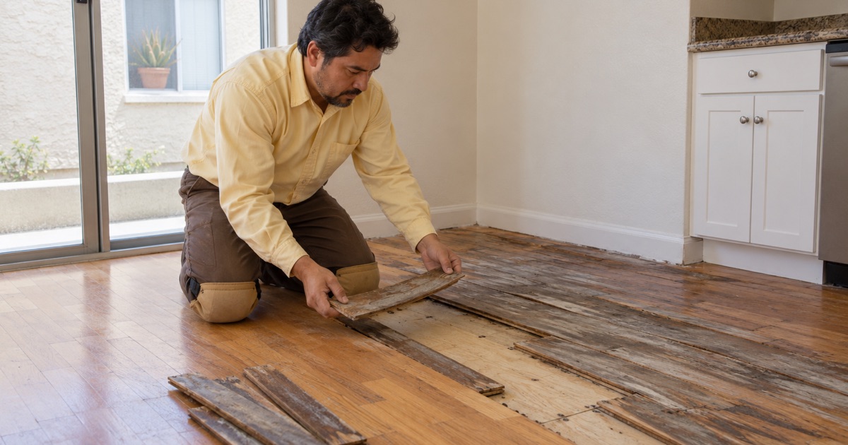 Worker lifting a cupped, water-darkened hardwood strip from the floor of a lower apartment unit in Hawthorne.