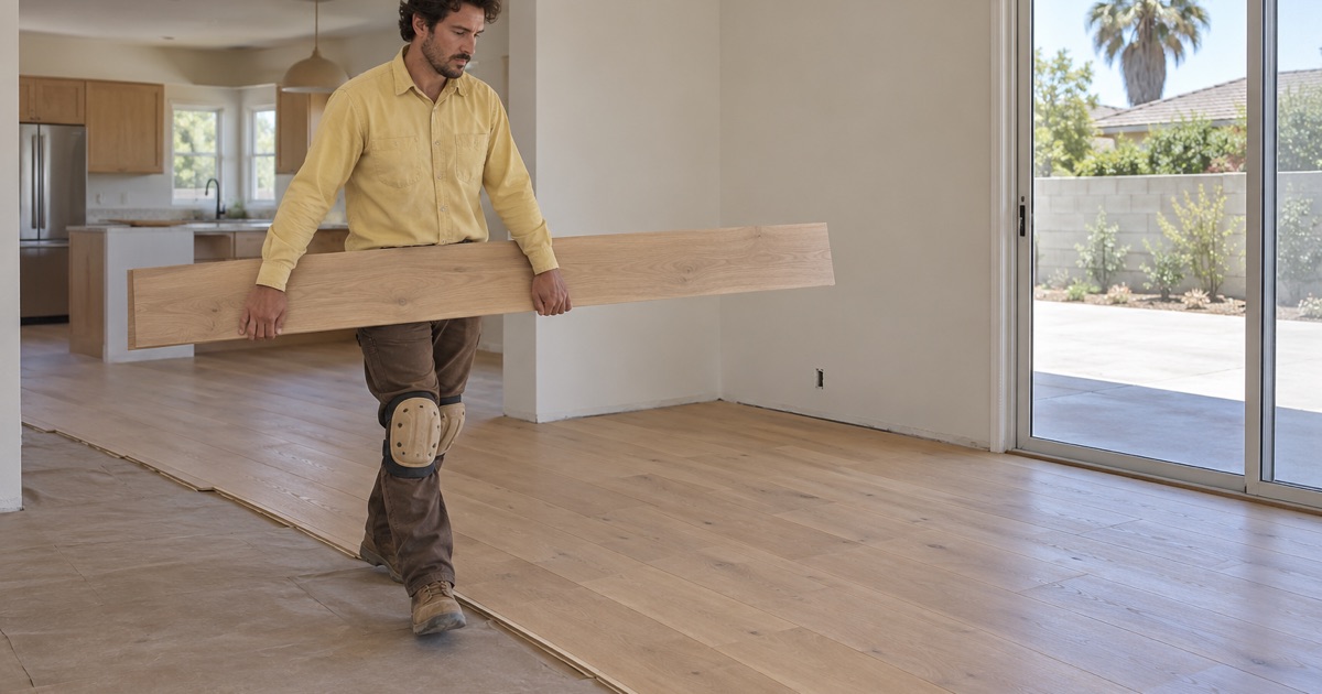 Worker carrying a long wide white oak plank to the next row of a wide plank floor in a Hawthorne living room.