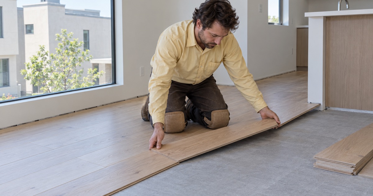 Worker laying a floating engineered hardwood floor in a new Commerce townhome.