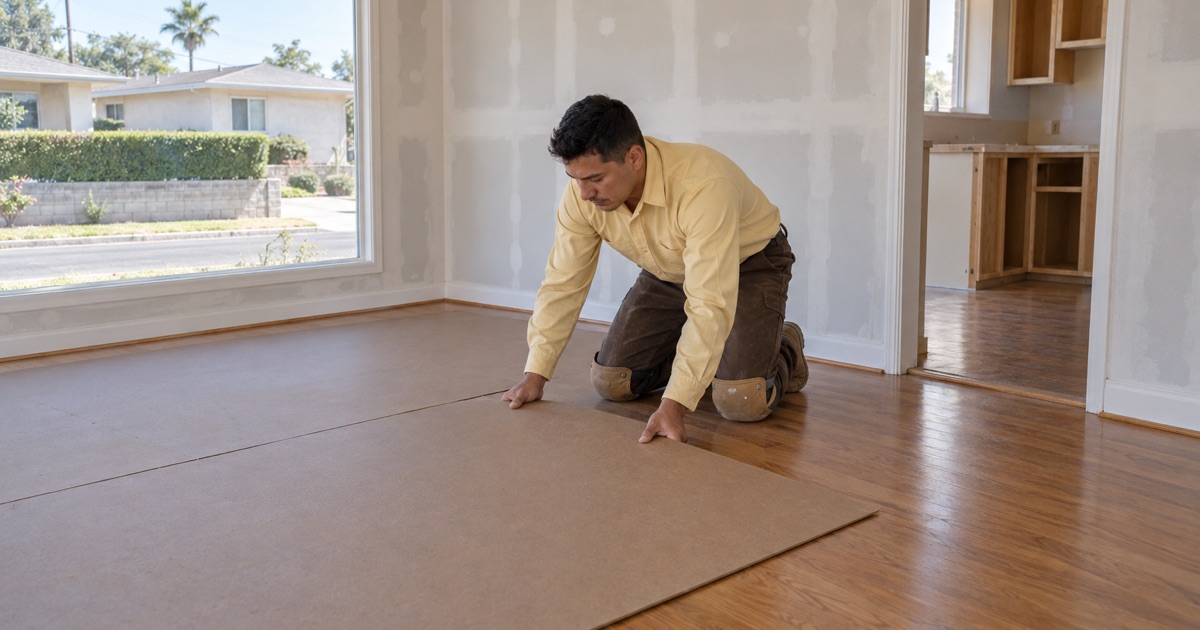 Worker sliding hardboard protection over a finished hardwood floor during a Gardena house remodel.