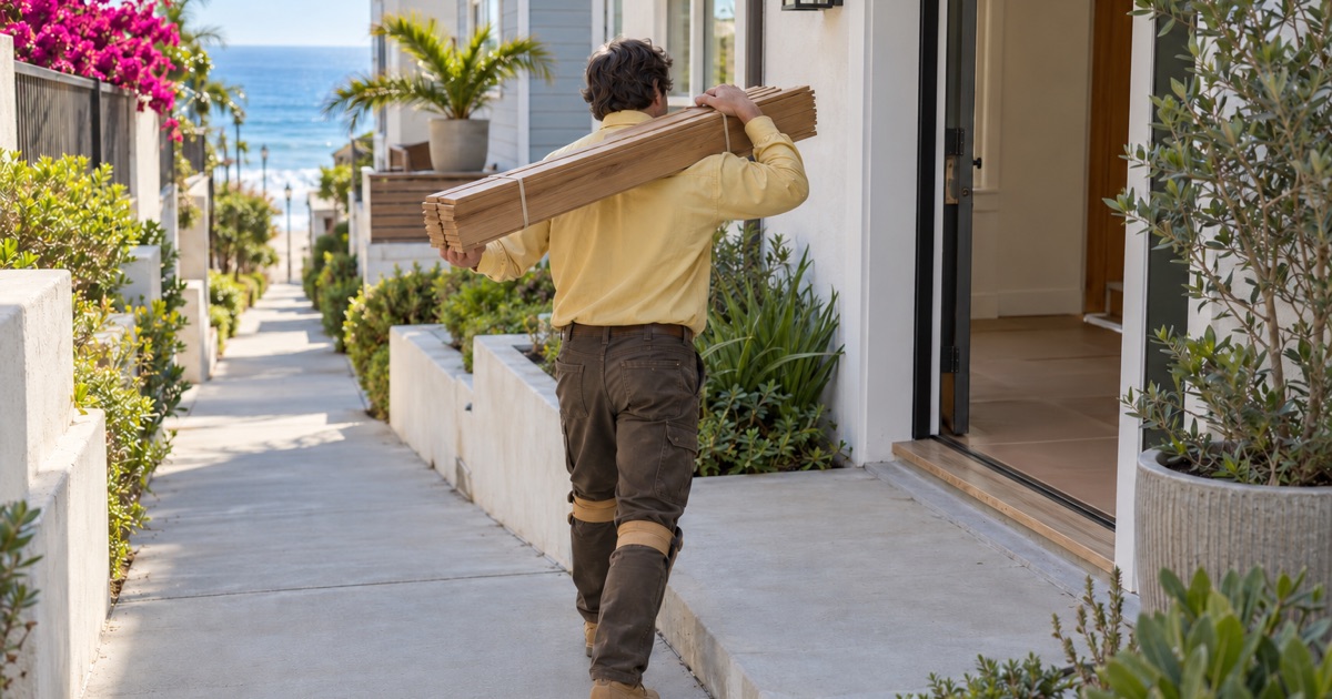 Worker carrying a bundle of oak flooring on his shoulder up a Hermosa Beach walk street to a house with no driveway.