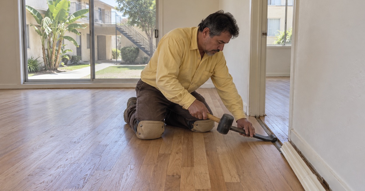 Worker drawing the last row of a new oak floor tight with a pull bar in an Inglewood apartment unit.