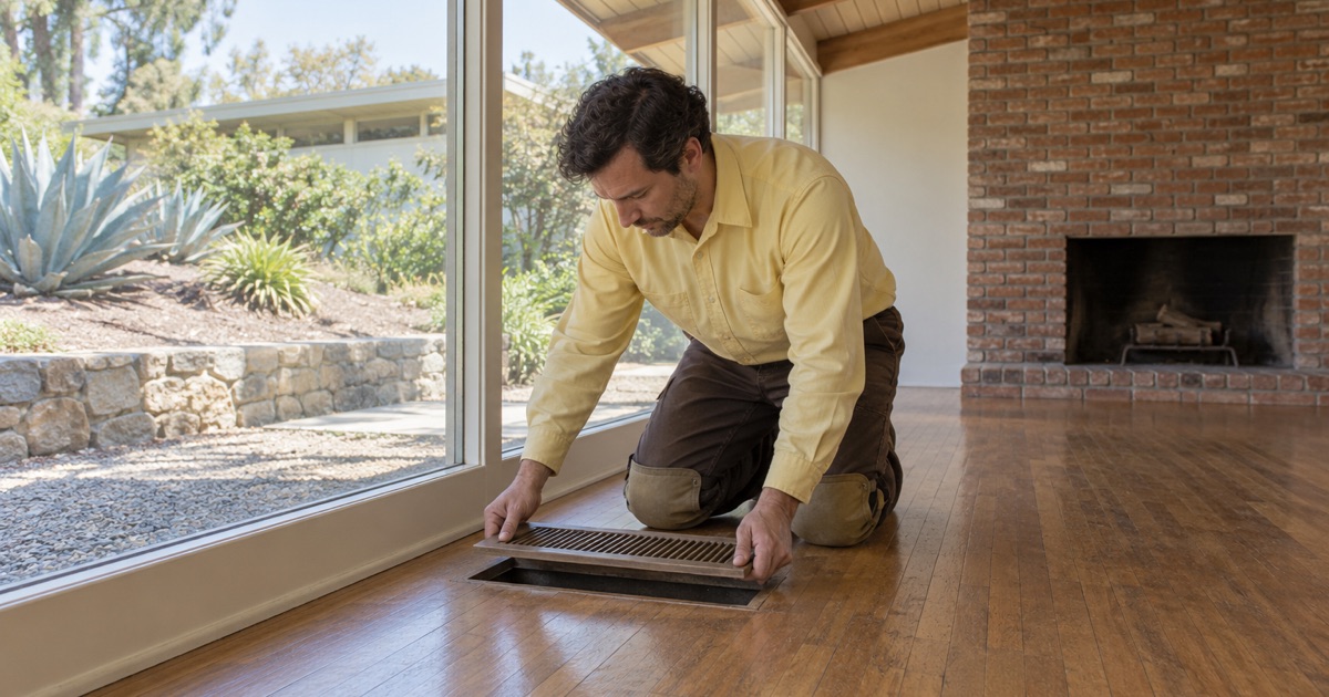 Worker lifting a floor register grille out of the original hardwood floor of a mid-century Ladera Heights house.