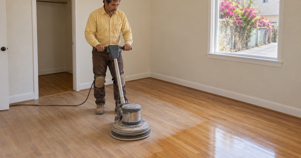 Worker screening the hardwood floor of a single small bedroom in a Lawndale house with an upright buffer.
