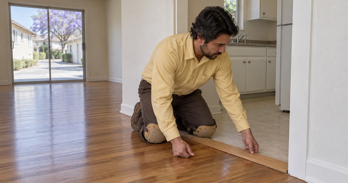 Worker setting a flat hardwood threshold at a kitchen doorway in a Lennox rental unit.