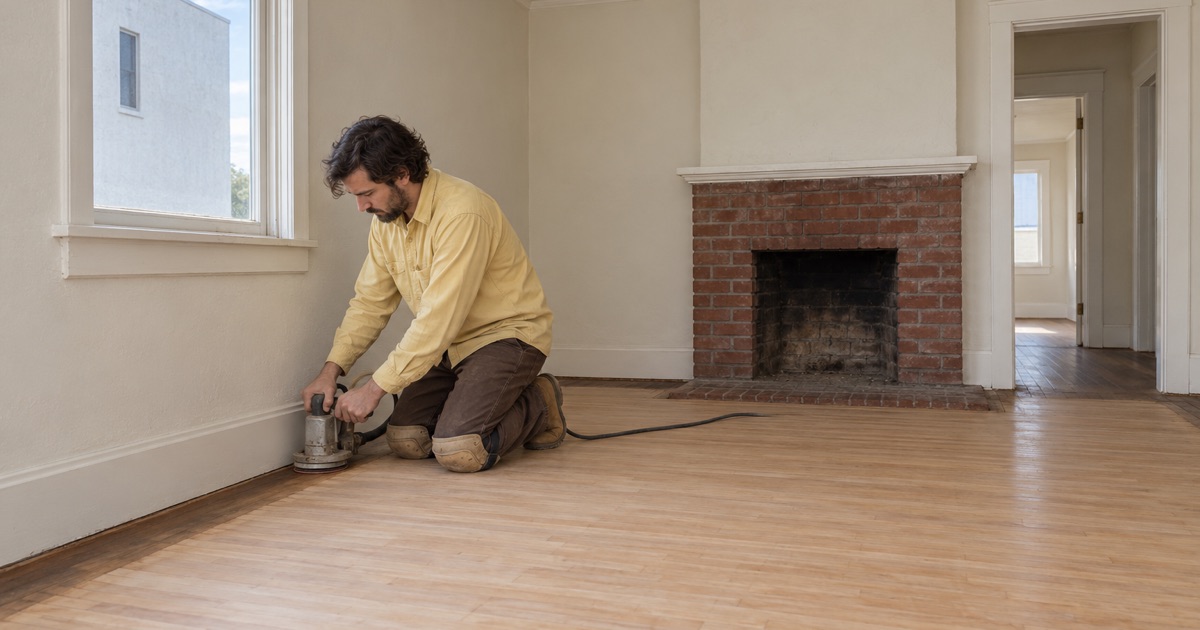 Worker running a disc edger along the wall of a 1930s Manhattan Beach cottage’s original hardwood floor.