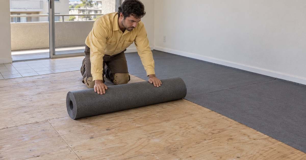 Worker unrolling acoustic underlayment across the subfloor of a Redondo Beach condominium before new wood flooring.