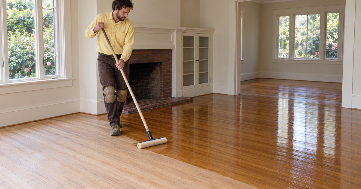 Worker laying clear finish on the restored hardwood floor of an early San Marino house.