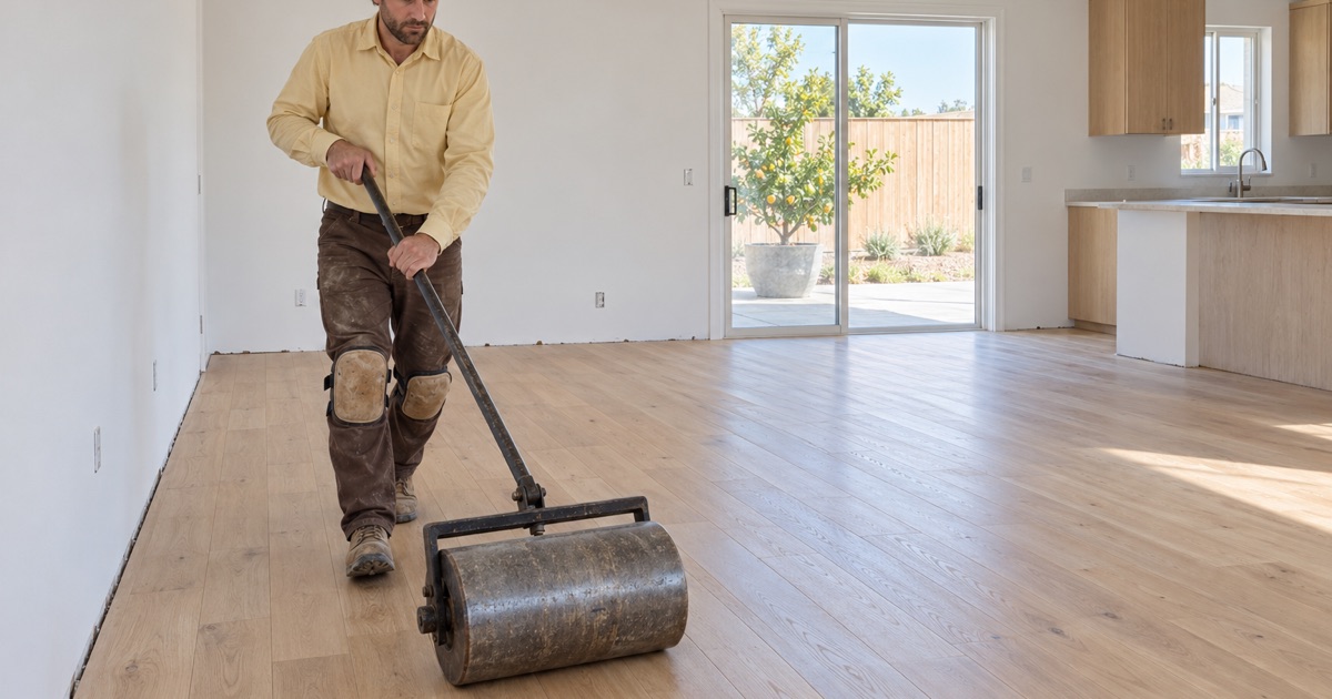 Worker rolling freshly glued engineered hardwood in a new second home in Santa Fe Springs.