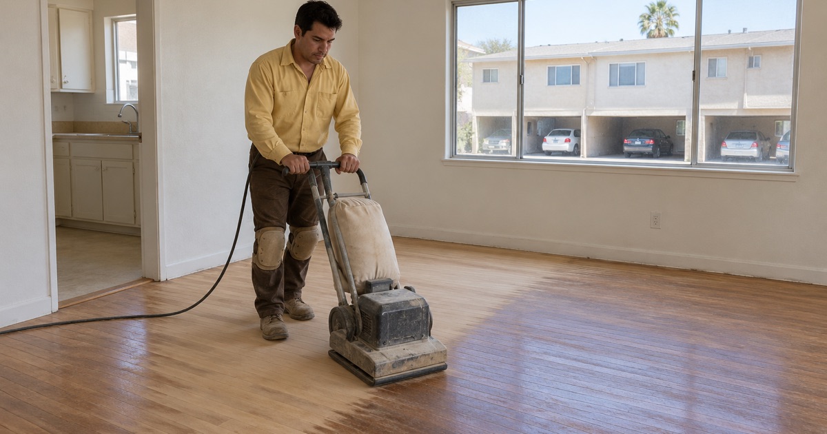 Worker guiding a square orbital floor sander in a Torrance apartment above tuck-under parking.