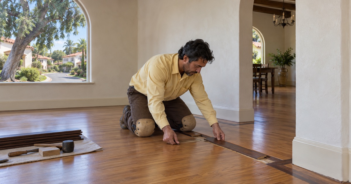 Worker fitting a darker border strip into the original hardwood floor of a 1930s View Park revival house.
