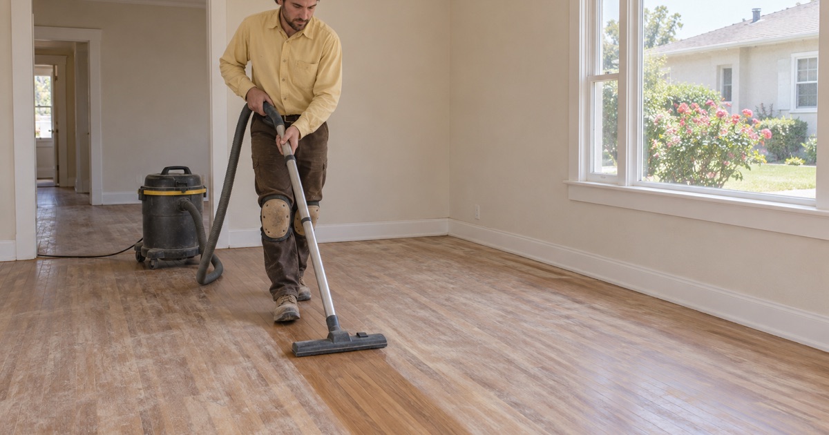 Older hardwood strip floor being cleaned for a recoat in a longtime West Athens family home.