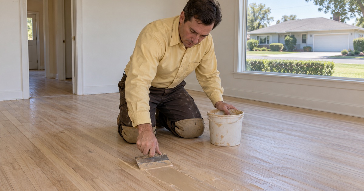 Worker spreading wood filler across the sanded hardwood strips of a 1940s Westchester tract house.