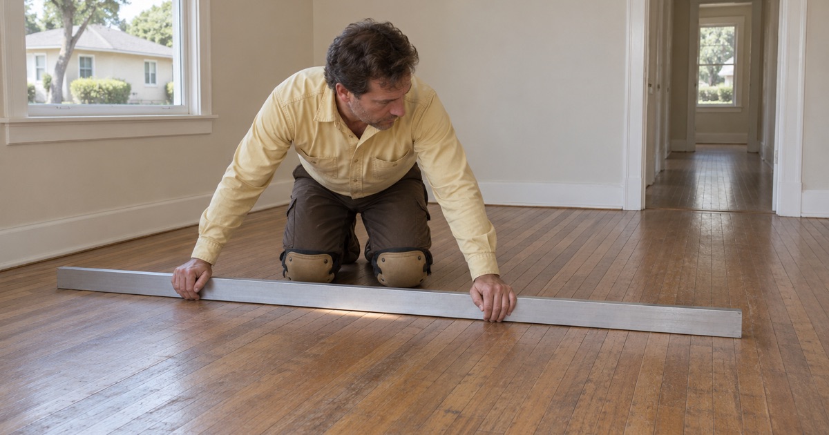 Worker checking an older hardwood floor with a straightedge before a Westmont home purchase closes.